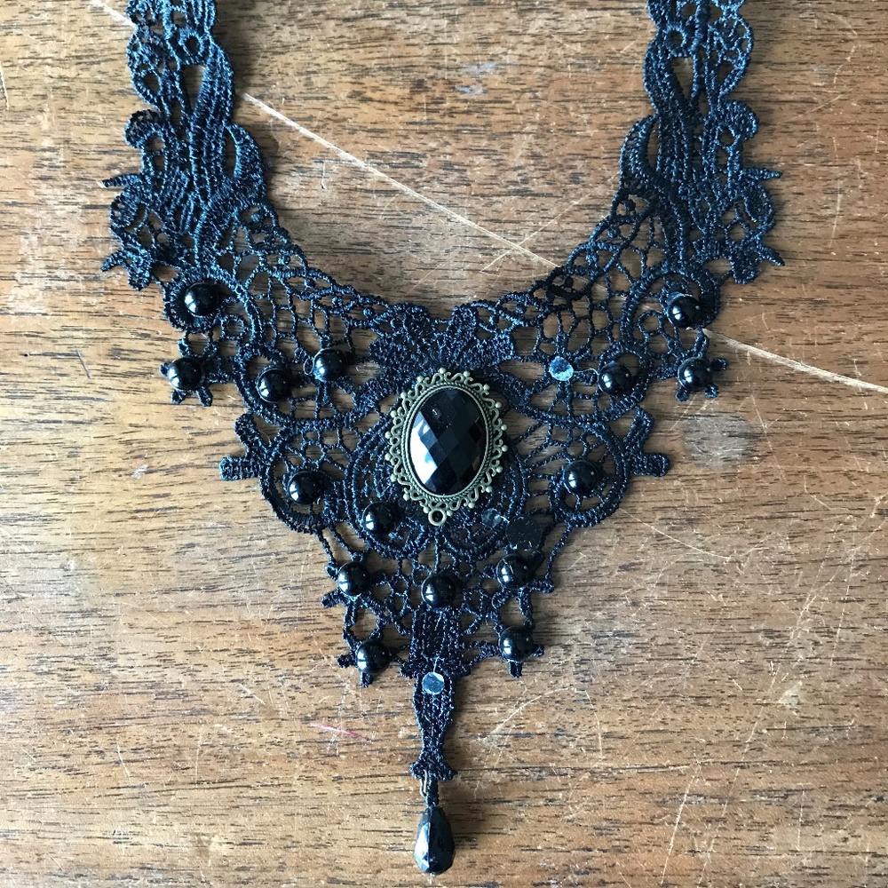 Steampunk Victorian Gothic Lace Bejeweled Necklace